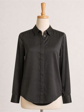J Crew Factory Women's Drapey Black Satin Button-Up Top Size XXS NWT BV927